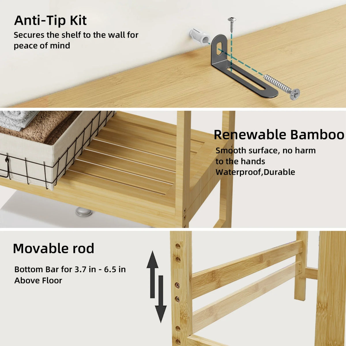 Natural Bamboo Over Toilet Storage Rack With Three Tier Shelves