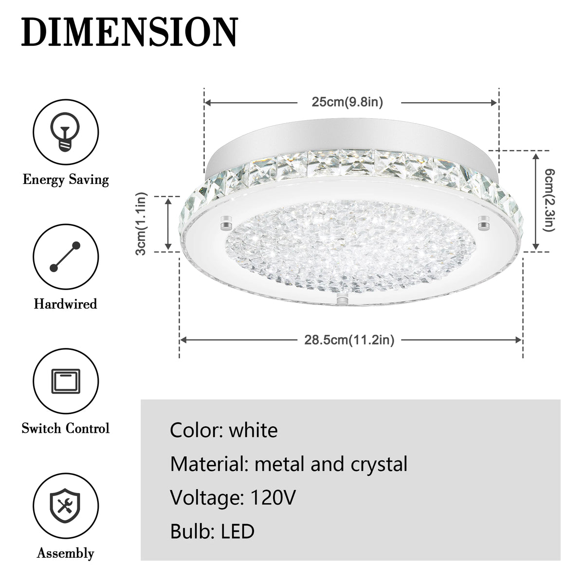 Modern Crystal Ceiling Light 11in Circular LED 18w 3000k/4000k/5000k Living Room Bedroom Study Home Decor Lighting