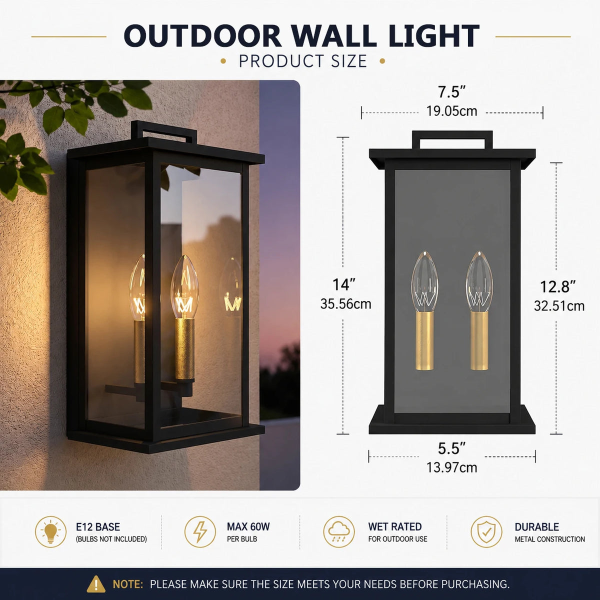 Dusk to Dawn Outdoor Wall Sconce, 14" Outside Wall Lights, Modern Black Wall Mount Light Fixture, Waterproof Exterior Lighting Fixtures for House, Porch, Garage(not included bulbs)