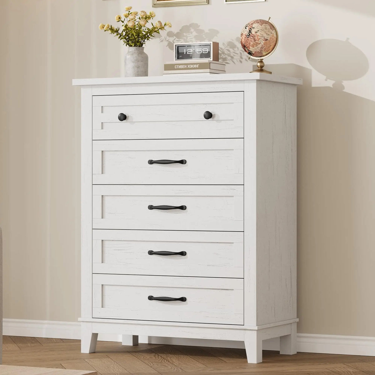Five Drawer Wooden Dresser With Spacious Bedroom Storage Cabinet