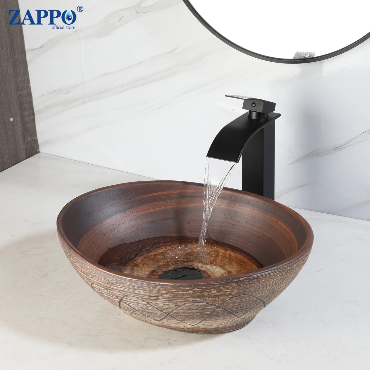 MEKKHALA Ceramic Vessel Sink Set With Waterfall Faucet