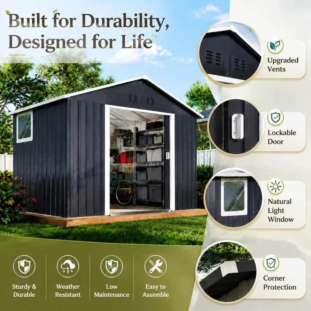 Outdoor Metal Storage Shed With Windows And Lockable Doors