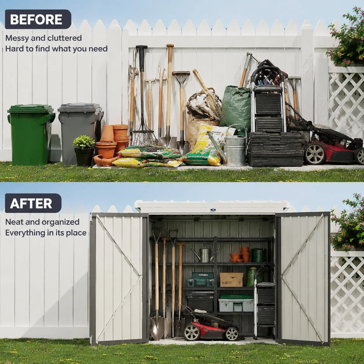 Outdoor Metal Trash Can Storage Shed With Lockable Weatherproof Design