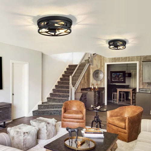 2 Pack 2-Light Matte Black Farmhouse Ceiling Light, Vintage Criss-Cross Hollow Metal Cage Flush Mount Lamp, Industrial Close to Ceiling Lighting for Hallway, Kitchen (Bulbs Not Included)
