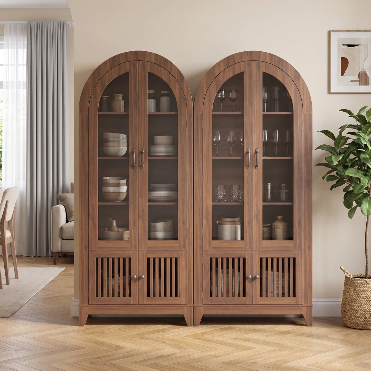 Tcgbkaf Modern Farmhouse Arched Wood Display Cabinet With Glass Doors