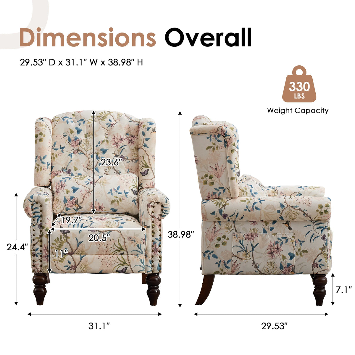 TCGBKAF Vintage Floral Fabric Wingback Armchair With Rotating Base