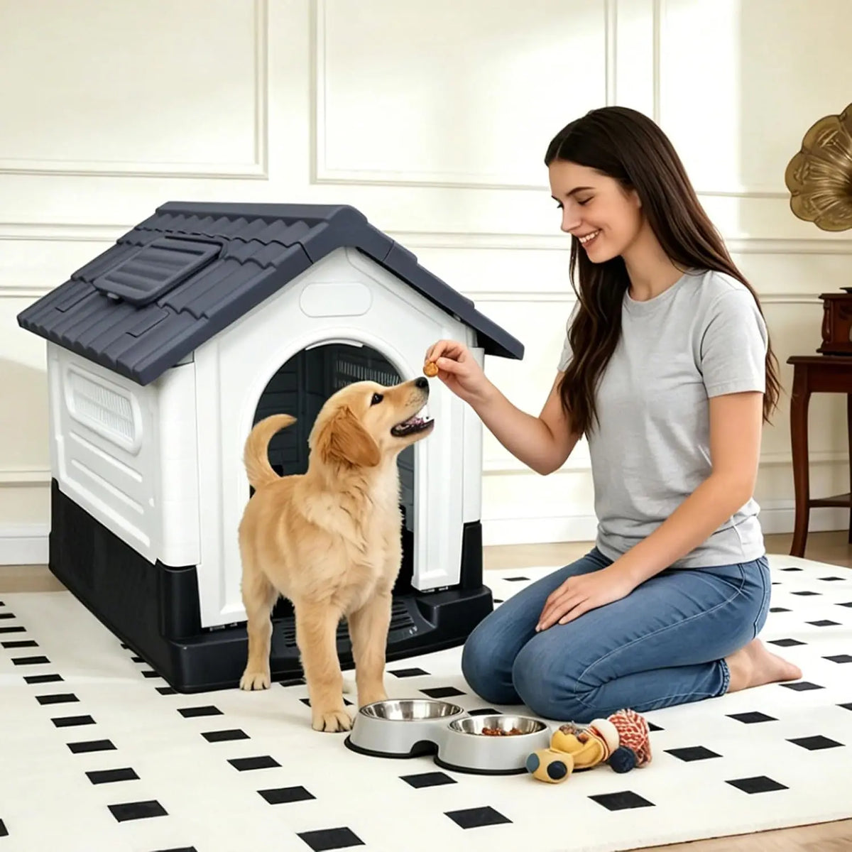 Waterproof 2-Door Dog House, Grey – Fold-Out Porch, Elevated Base, for Indoor/Outdoor Use, Small & Medium Dogs, 31"L X 21"W X 26"H, Easy Assembly
