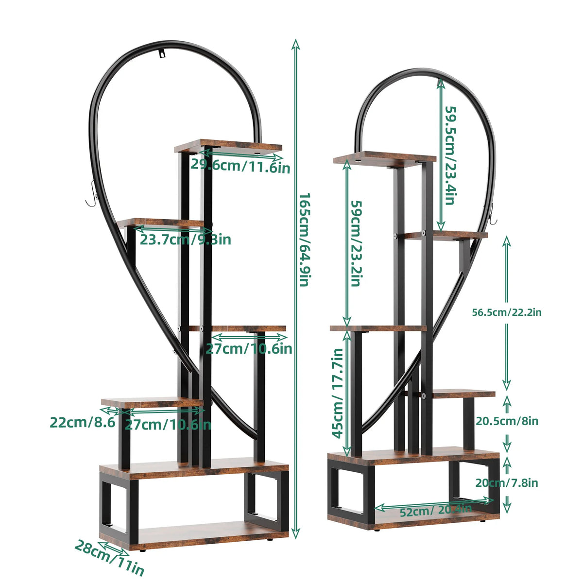 Half Heart Plant Stand With Hooks And Multiple Planter Shelves