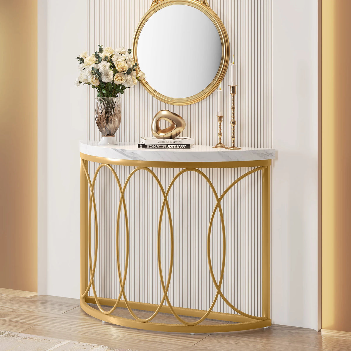 Tribesigns Modern Half Moon Console Table With Geometric Metal Frame