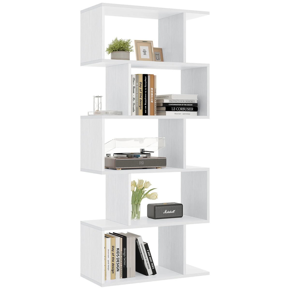 JHK Geometric Wooden Bookcase With Modern Storage Display Shelves
