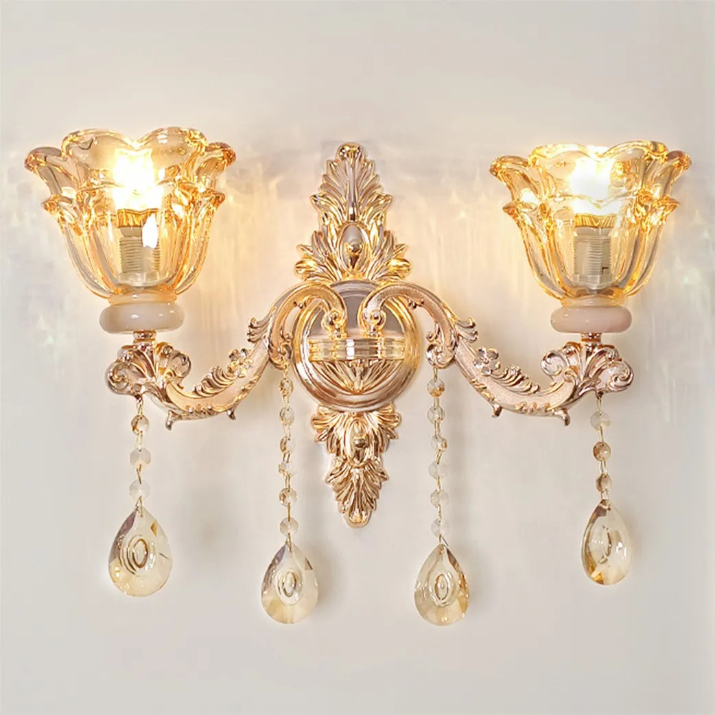 Antique Gold Floral Wall Sconce with Clear Crystals Lampshade Wall Lighting for Entrance Bedroom Hallway Decor