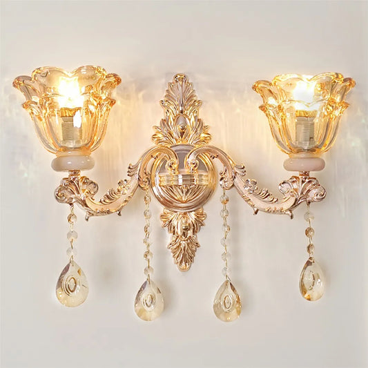 Antique Gold Floral Wall Sconce with Clear Crystals Lampshade Wall Lighting for Entrance Bedroom Hallway Decor