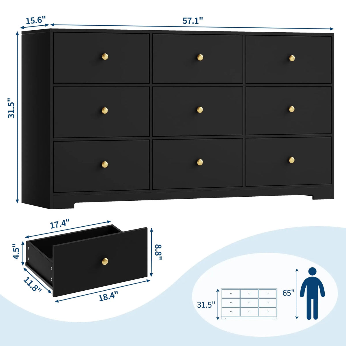 HiMiss Modern 9 Drawer Wood Storage Chest With Gold Handles