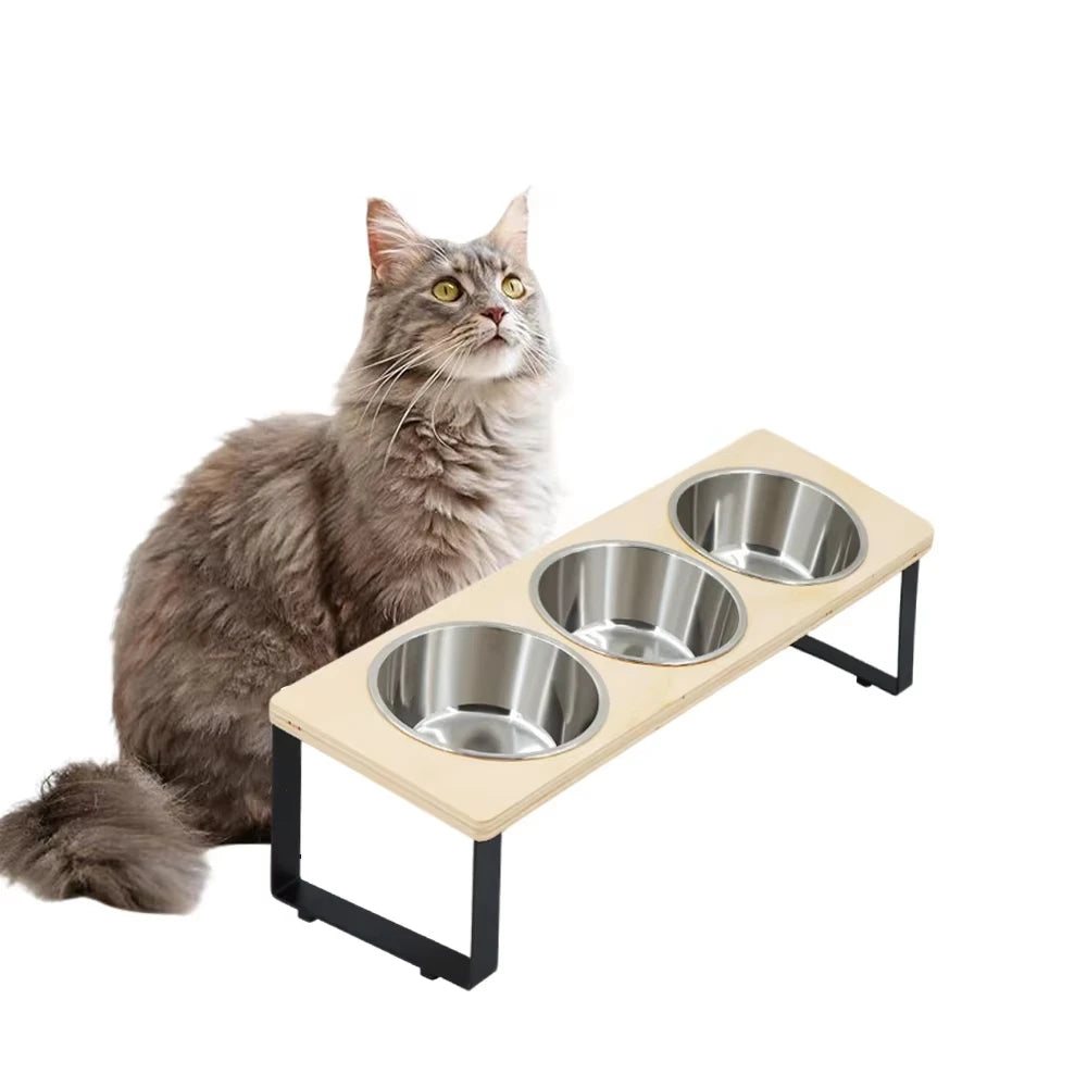 Elevated Cat Feeder With Tilted Stainless Steel Bowls And Mat