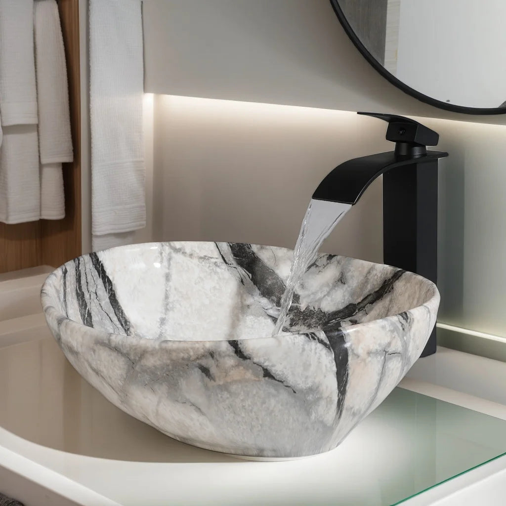 MEKKHALA Ceramic Vessel Sink Set With Matte Faucet Bathroom Basin