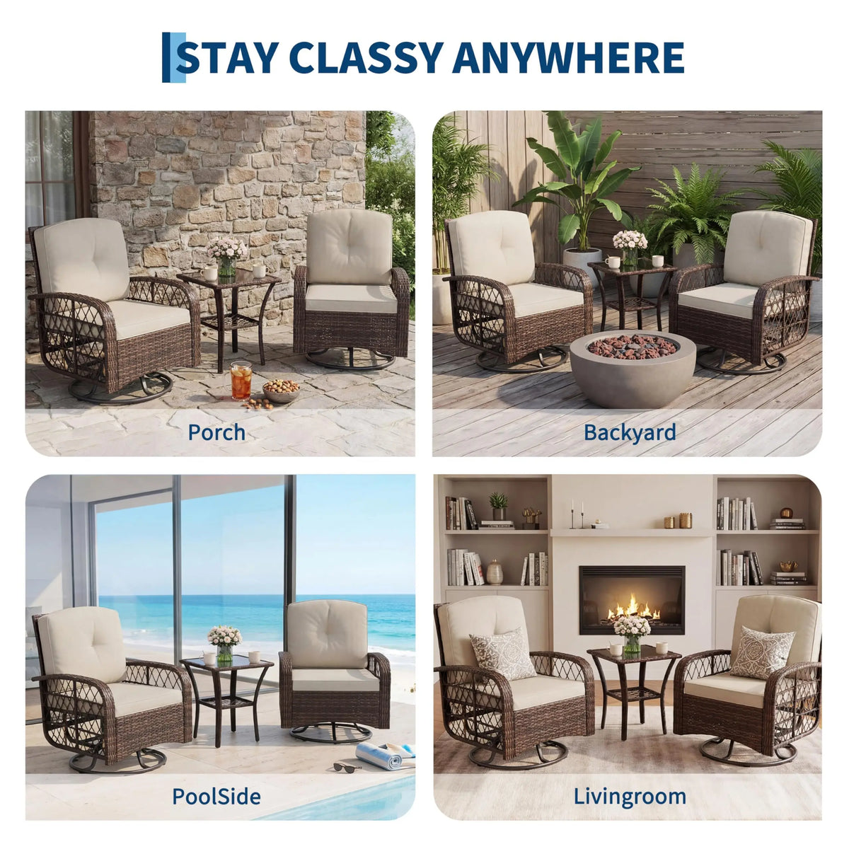 HiMISS Outdoor Wicker Conversation Set With Swivel Rocker Chairs