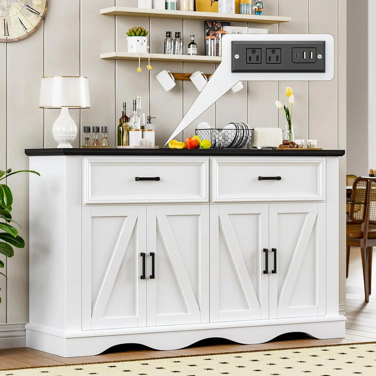 Wood Modern Farmhouse Sideboard Buffet Cabinet With Charging Station