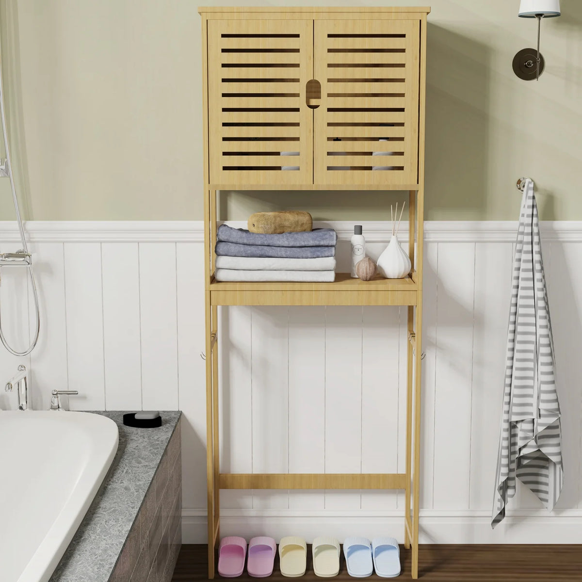 Natural Bamboo Over Toilet Storage Rack With Three Tier Shelves