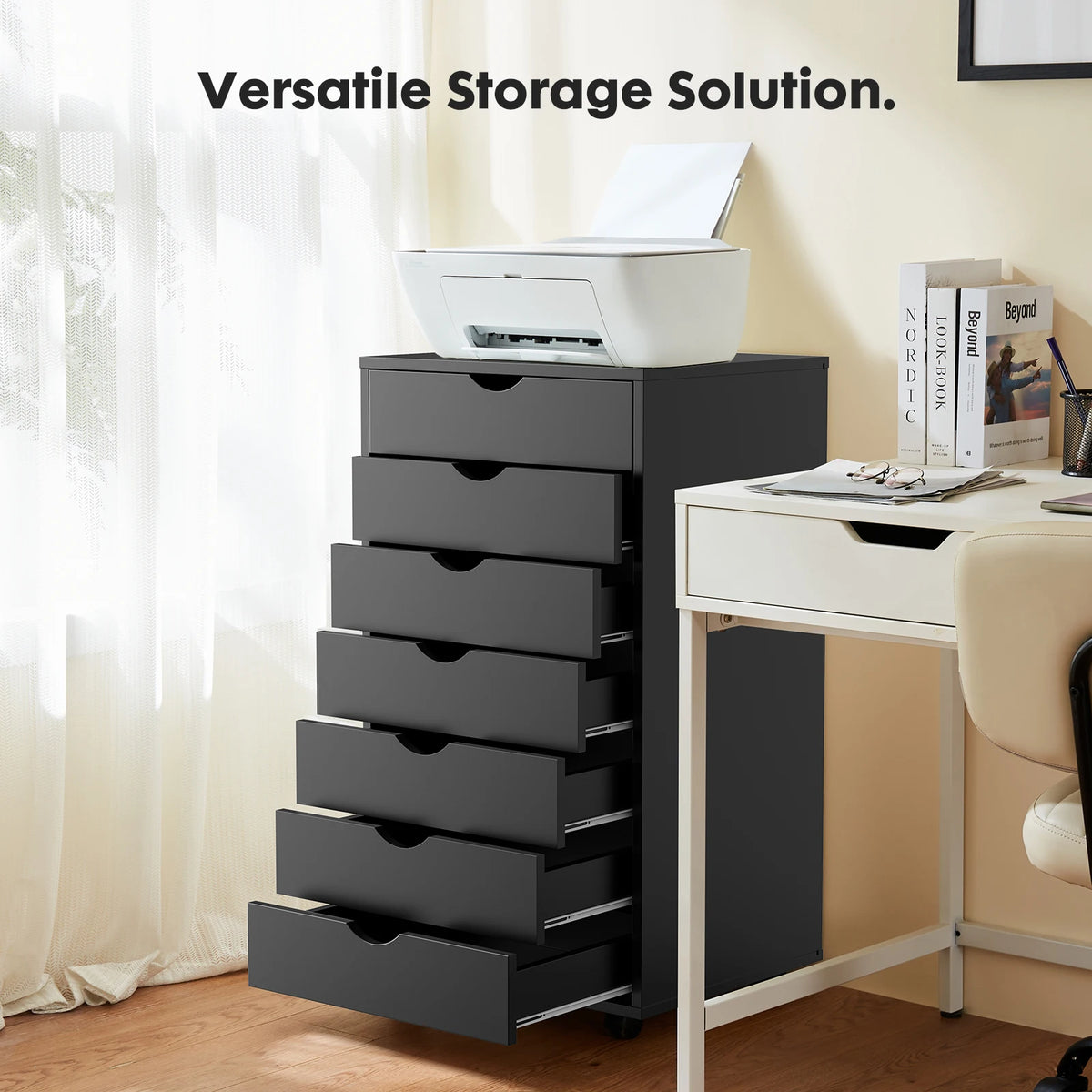 JHK 7 Drawer Wood Rolling Storage Cabinet With Spacious Compartments