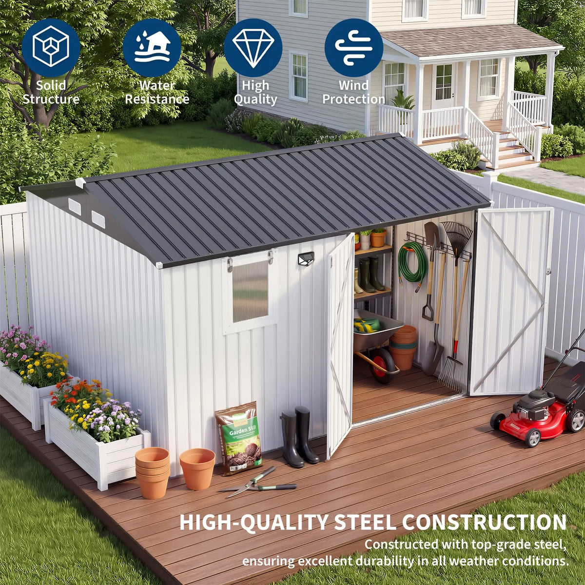 HiMISS Metal Garden Storage Shed With Sloped Roof Lockable Doors