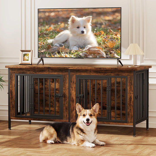 JHK 54 Inch Double Door Wooden Dog Cage with Divider Heavy Duty Extra Large Pet Kennel for Indoor Outdoor Dog Kennel Furniture