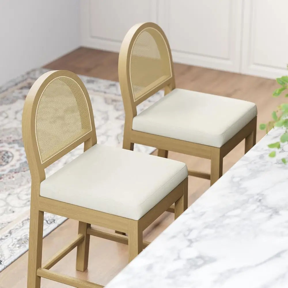 Upholstered Rattan Counter Height Bar Stools With Soft Chenille Seats