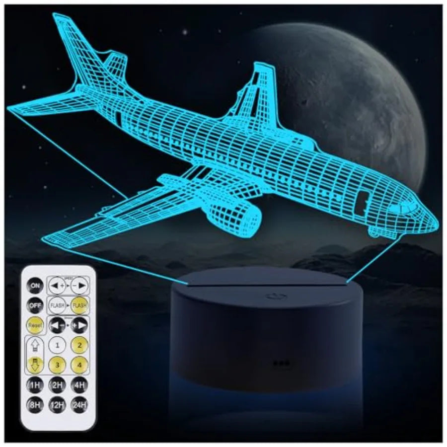 Airplane Night Light, 3D LED Illusion Night Lamp for Boys - Aircraft Themed Bedroom Lamps, Optical Illusion Lamp with Remote Co