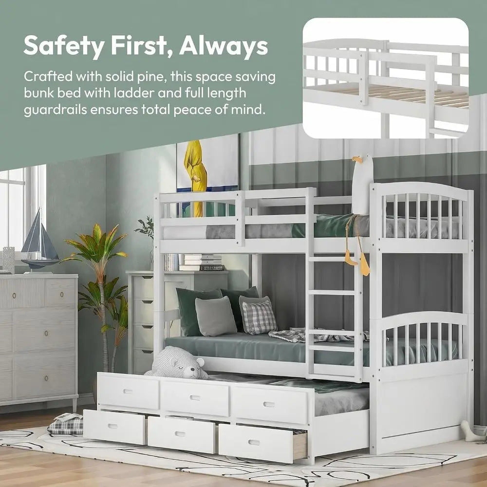 Wood Bunk Bed with Trundle 3 Drawers for Kids Bedroom