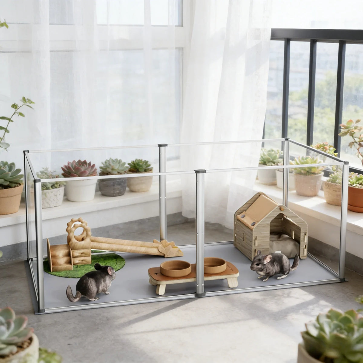 124cm Clear Acrylic Hamster Play Pen Indoor 6 Panels Pet Enclosure w/ Waterproof Floor Pad for Guinea Pigs Hedgehogs(No light)