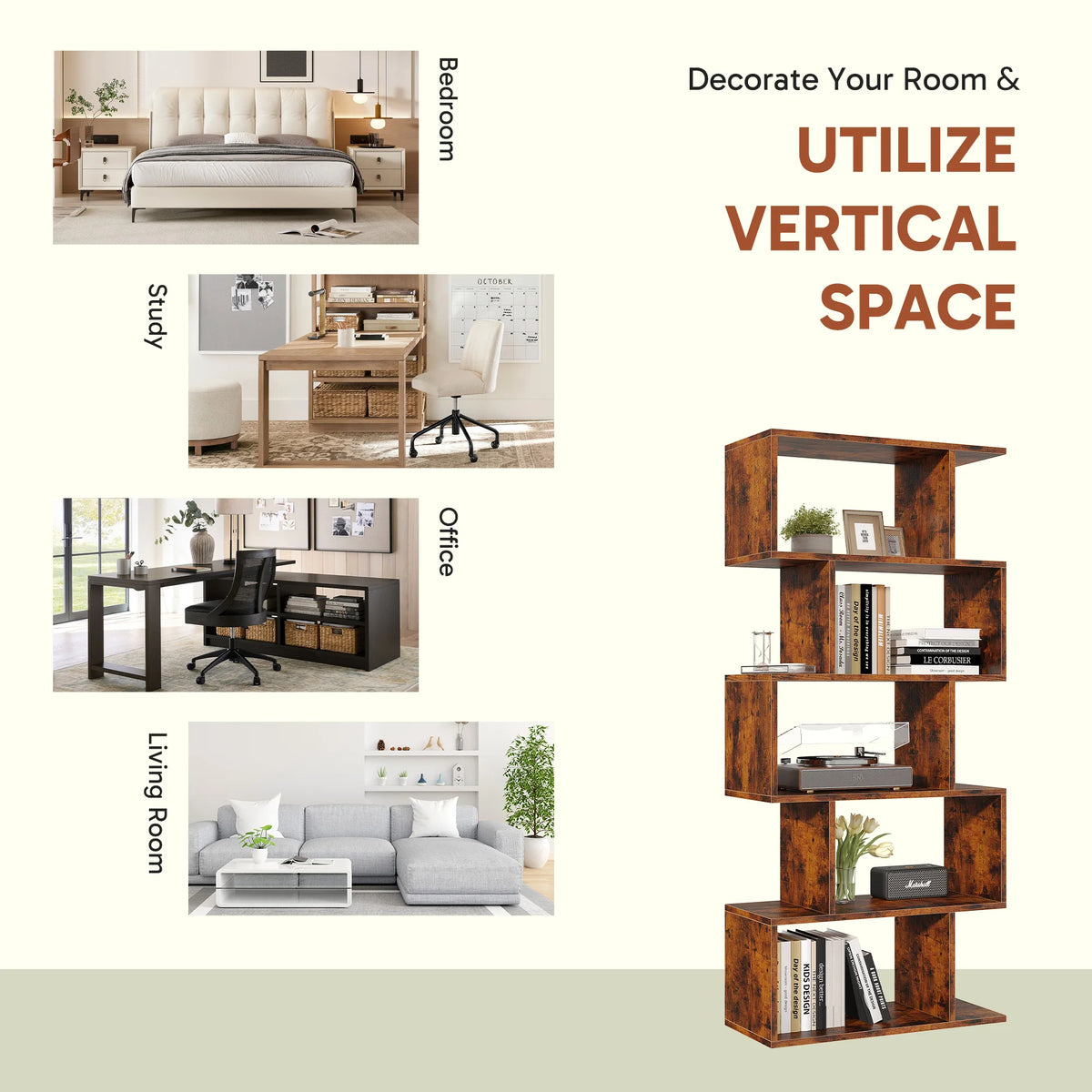 JHK Geometric Wooden Bookcase With Modern Storage Display Shelves