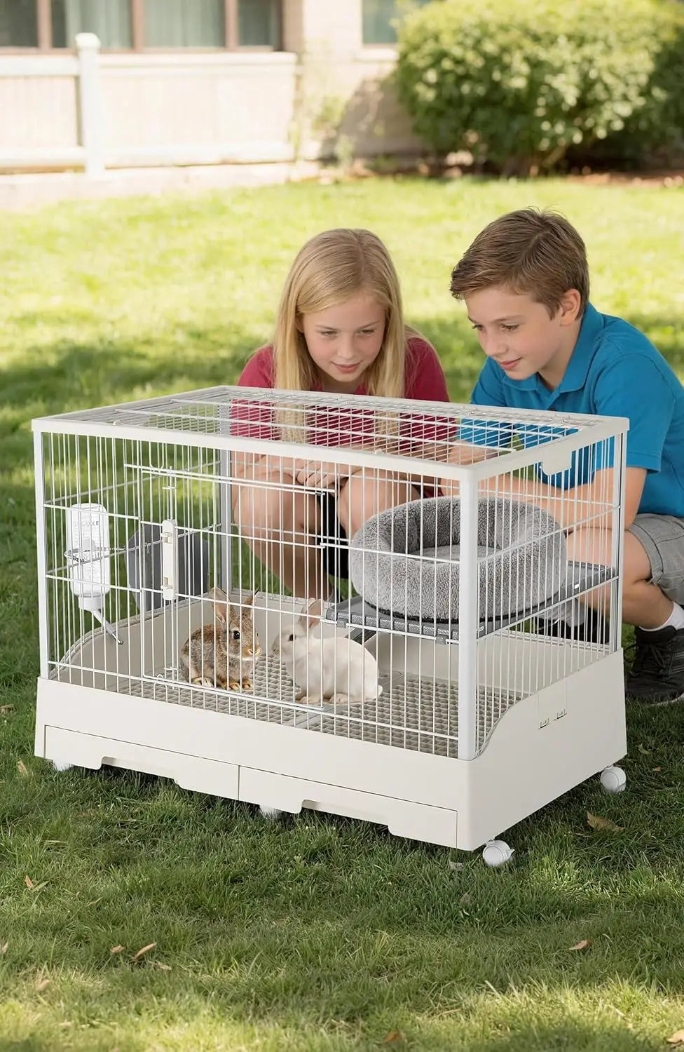 Large Rabbit Hutch, Small Animal Cage with 2 Removable Tray, Ramp, 6 Casters, Water & Hay Feeder, for Rabbit, Hamster, Guin