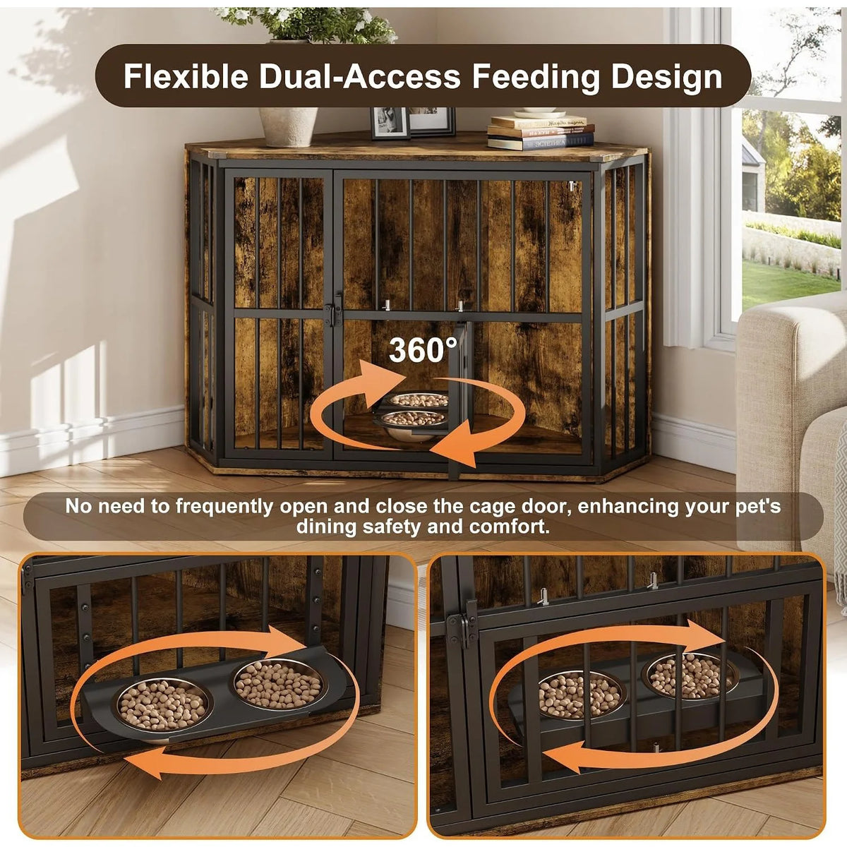 Wooden Corner Dog Crate Furniture With Double Door Lockable Cage