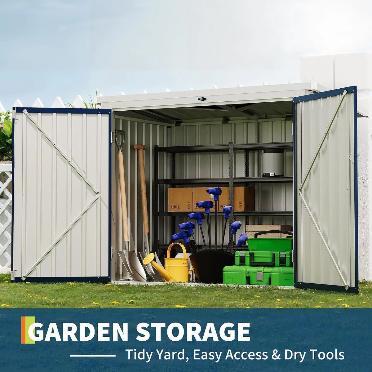Outdoor Metal Trash Can Storage Shed With Lockable Weatherproof Design