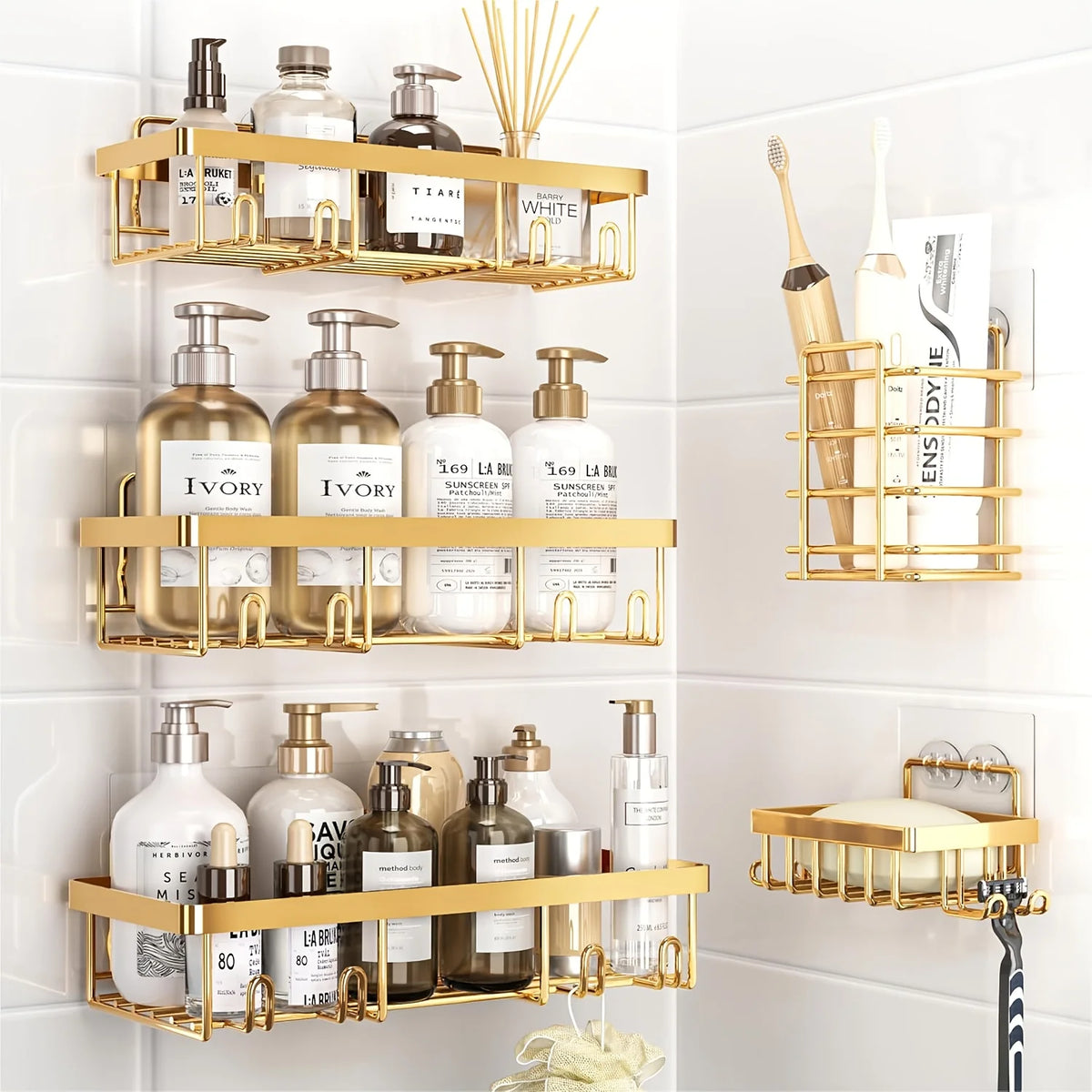 Adhesive Stainless Steel Shower Caddy Set For Bathroom Storage