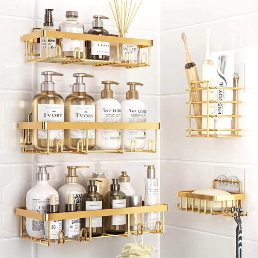 Adhesive Stainless Steel Shower Caddy Set For Bathroom Storage