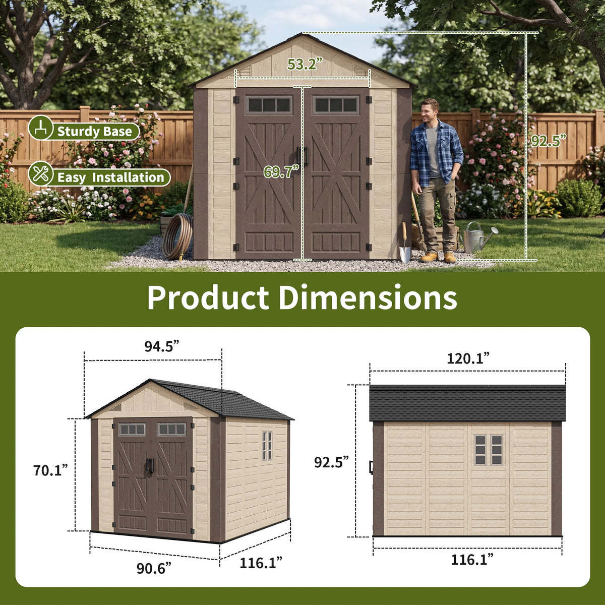 VIWAT Outdoor Resin Storage Shed With Lockable Door And Windows