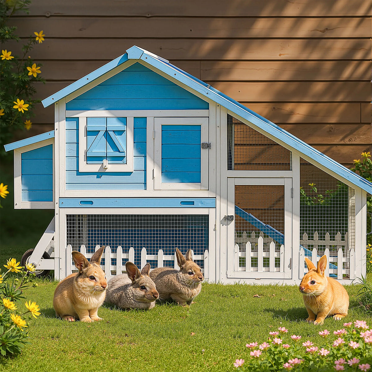 Outdoor Wheeled Double-Decker Rabbit Hutch with Fence Waterproof Solid Wood Pet Cage Mobile Home for Rabbits Chickens & Ducks