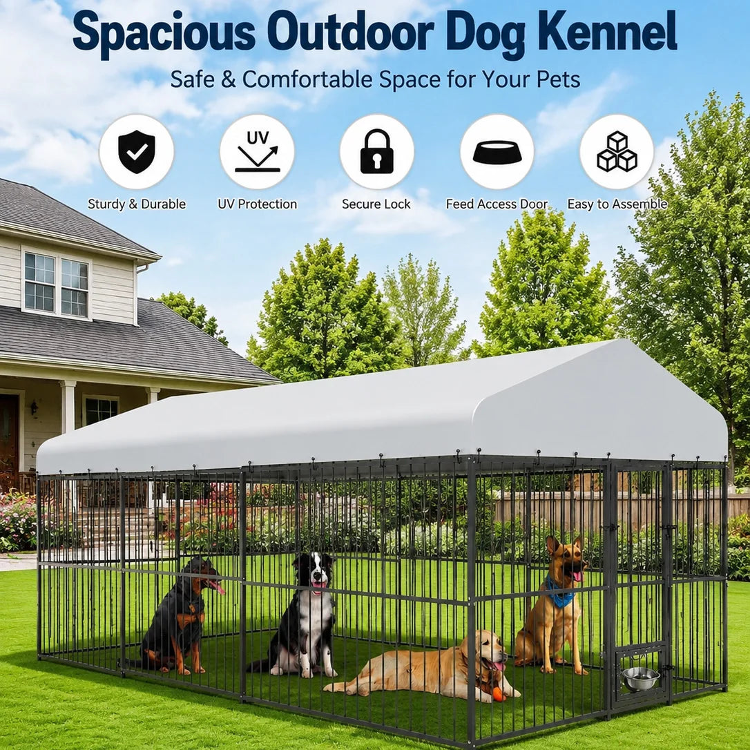 Super Large Outdoor Dog Kennel 20FT Heavy Duty Metal Dog Run Enclosure Walk In Dog Cage with Iron Alloy Frame Secure Gate Feed Access Modular Panels A Frame Top Pet Pen for Dogs Chickens Ducks Geese Backyard Garden Farm