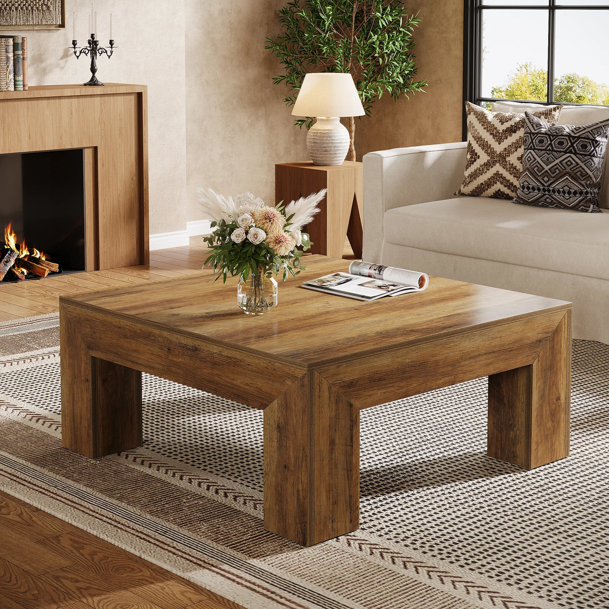 Tribesigns Farmhouse Square Coffee Table Wooden Legs For Living Room