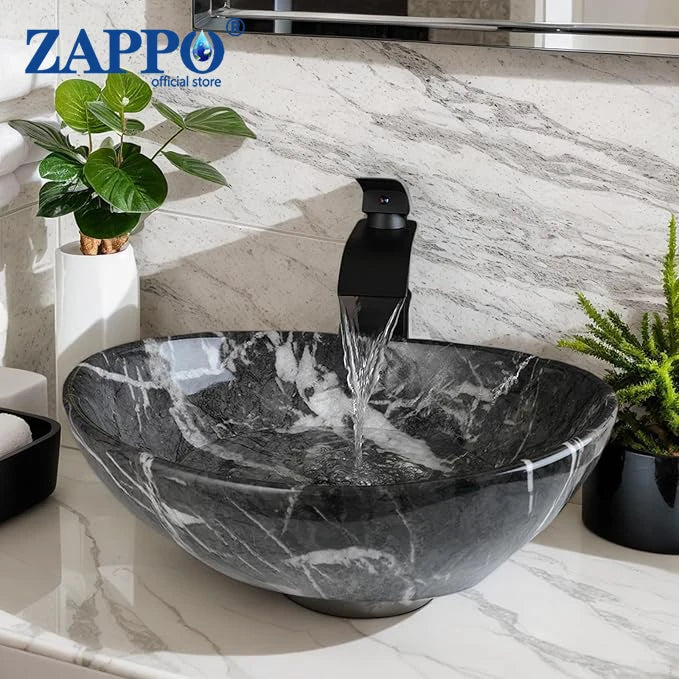 MEKKHALA Ceramic Vessel Sink Set With Waterfall Faucet