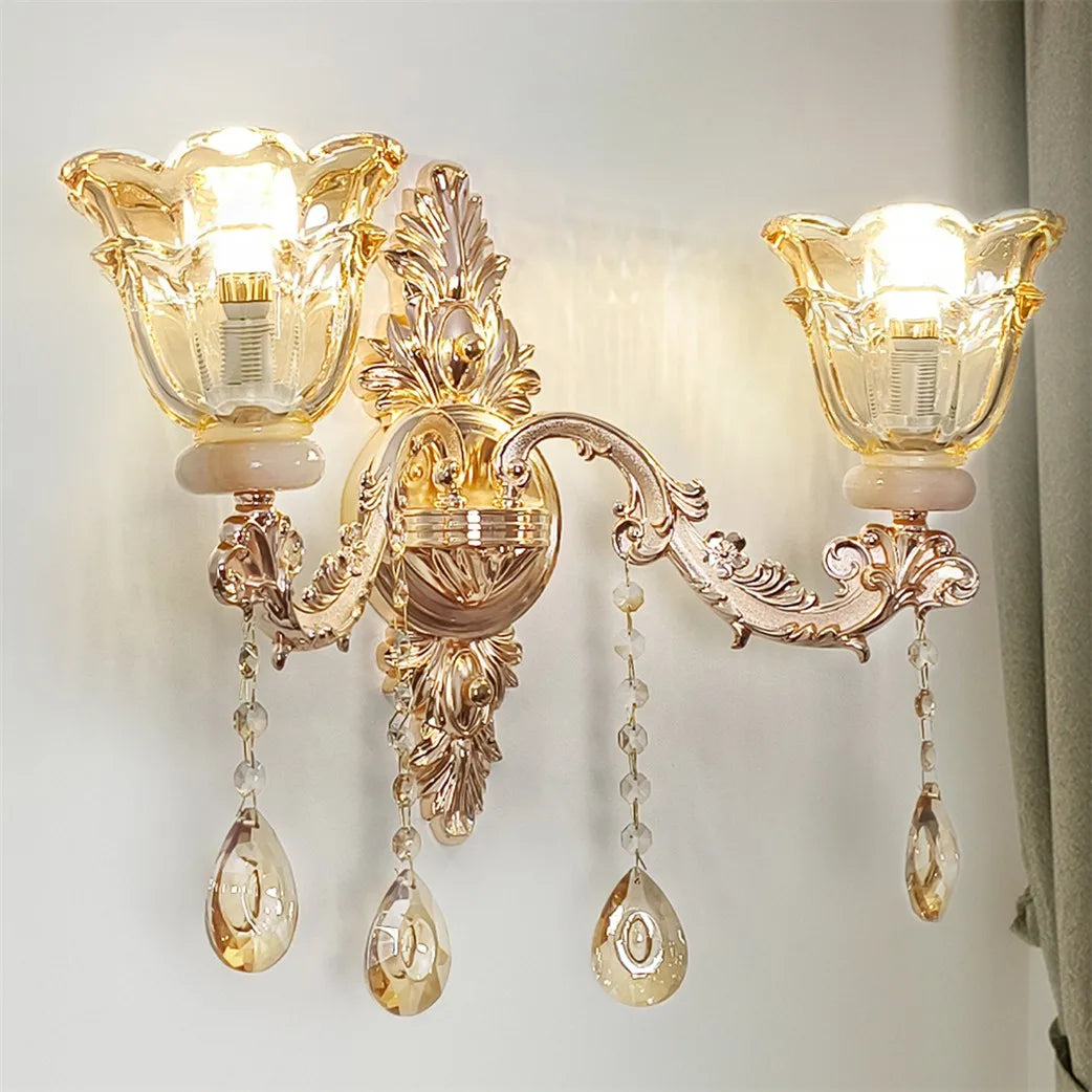 Antique Gold Floral Wall Sconce with Clear Crystals Lampshade Wall Lighting for Entrance Bedroom Hallway Decor