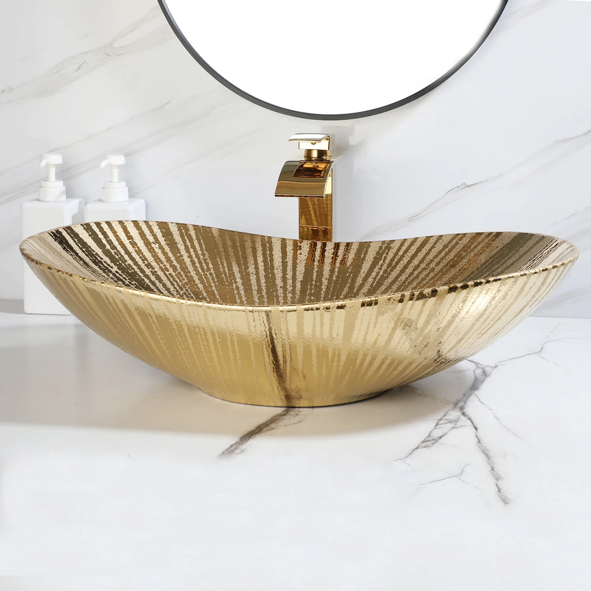 MEKKHALA Oval Ceramic Bathroom Vessel Sink Faucet And Drain Set