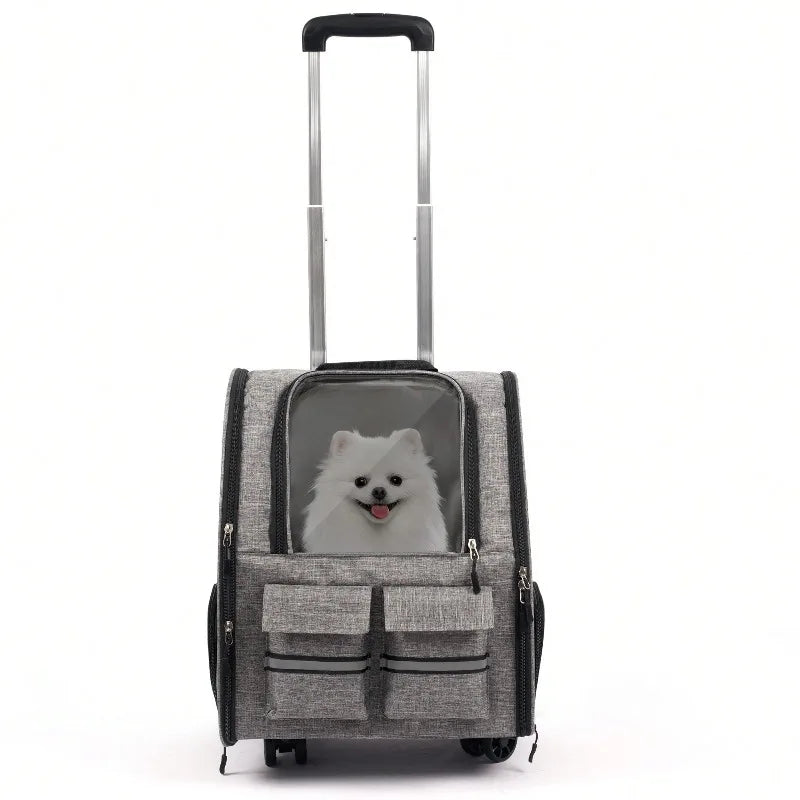 2-In-1 Trolley Pet Cat Bag | Cat Carrier With Wheels, Airline Approved Pet Carrier With Telescopic Handle, Polyester Rolling Dog Cat Carrier With Zipper Closure, Detachable Soft-Sided Travel Carrier With Shoulder Strap And Sa