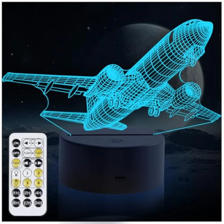 Airplane Night Light, 3D LED Illusion Night Lamp for Boys - Aircraft Themed Bedroom Lamps, Optical Illusion Lamp with Remote Co