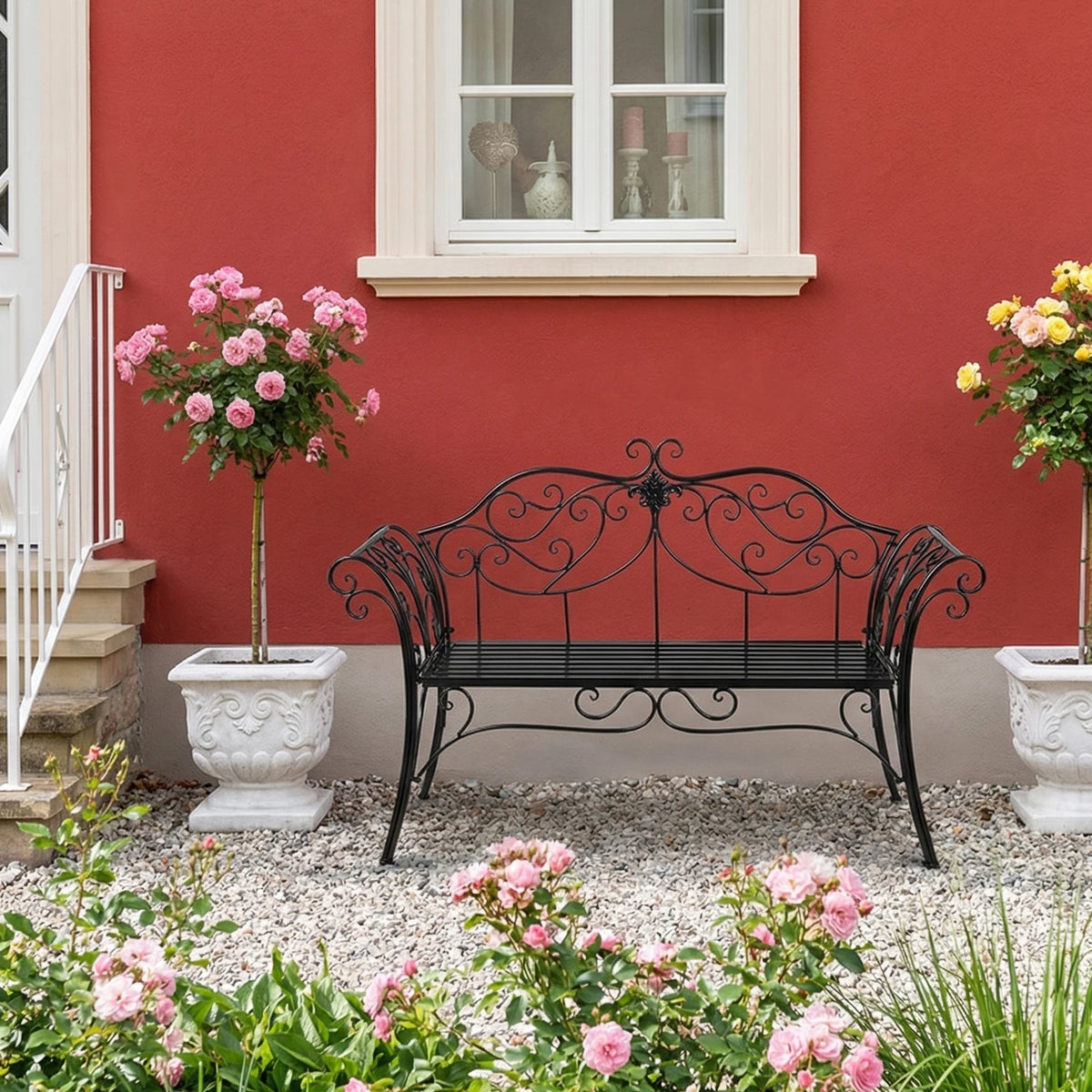 Wrought Iron Garden Bench With Decorative Backrest For Outdoor Use