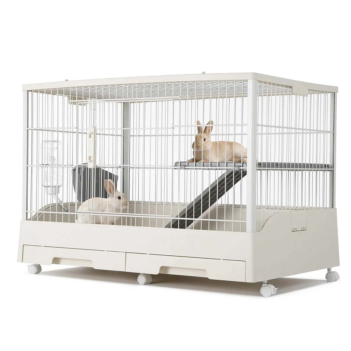 Large Rabbit Hutch, Small Animal Cage with 2 Removable Tray, Ramp, 6 Casters, Water & Hay Feeder, for Rabbit, Hamster, Guin