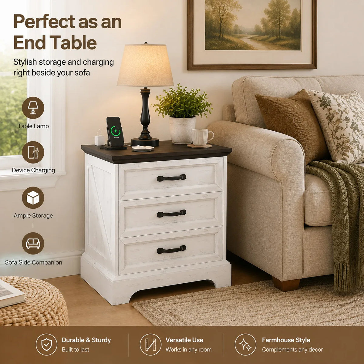 Anixol Farmhouse Nightstand With Three Drawer Charging Station