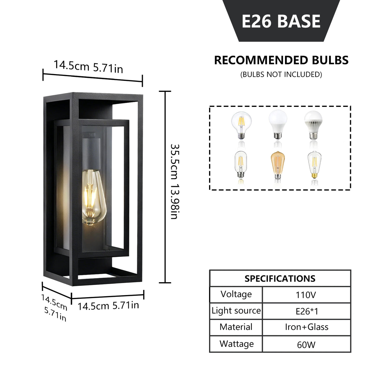 ARLGSITE 14" Black Outdoor Wall Lights, Waterproof Exterior Lanterns with Clear Glass for Porch Garage, 2-Pack