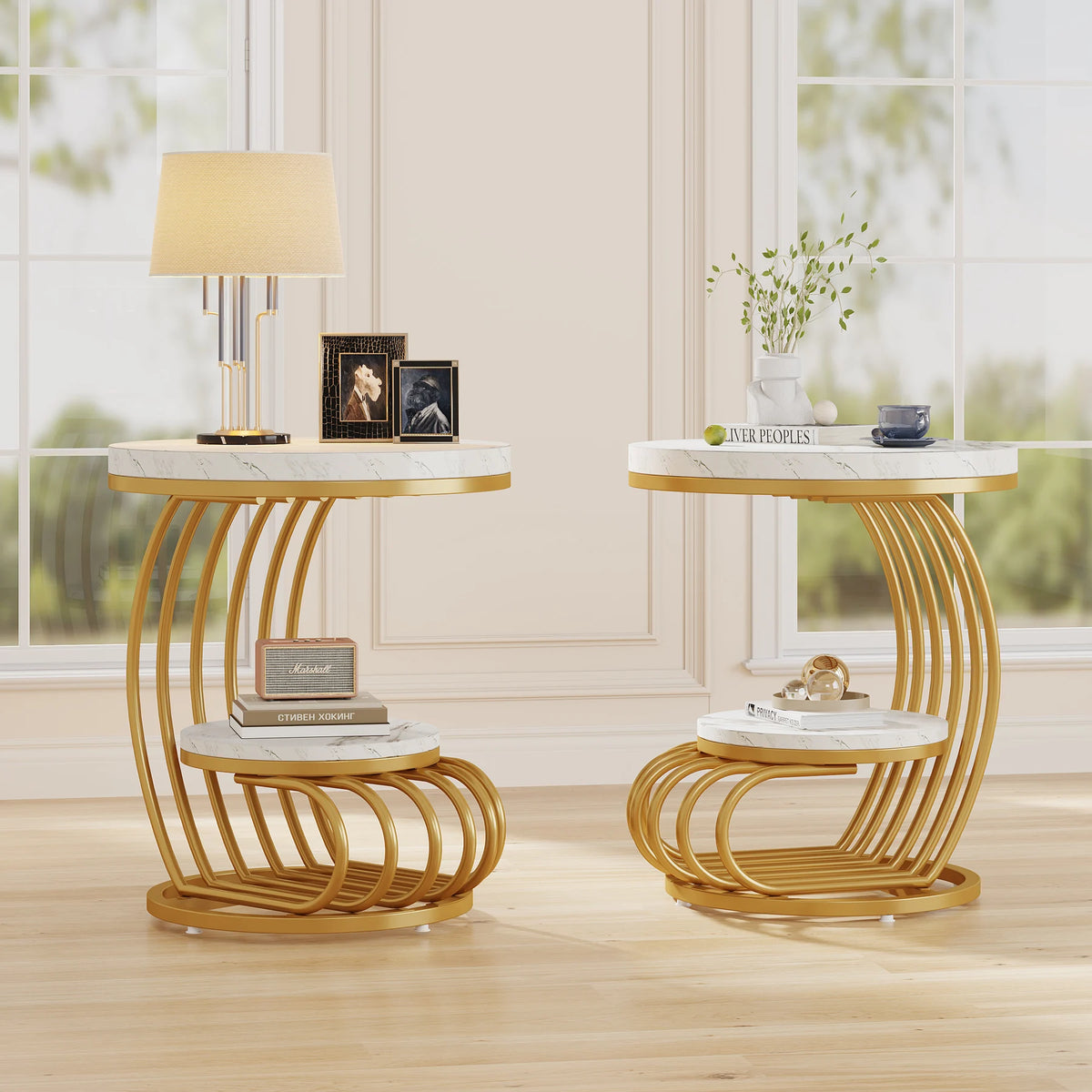 Tribesigns Two Tier Faux Marble End Table With Storage Shelf