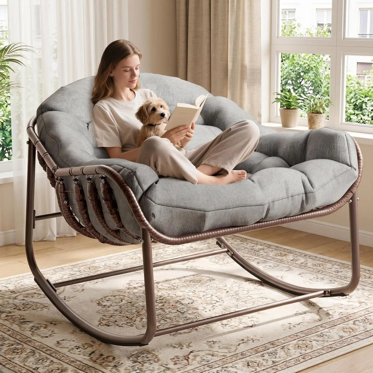 HiMISS Outdoor Papasan Egg Rocking Chair With Cushioned Wicker Lounge